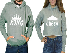將圖片載入圖庫檢視器 King and Queen hoodies, Matching couple hoodies, Sports Grey pullover hoodie for man Sports Grey crop top hoodie for woman