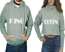 將圖片載入圖庫檢視器 King and Queen hoodies, Matching couple hoodies, Sports Grey pullover hoodie for man Sports Grey crop top hoodie for woman