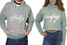 Load image into Gallery viewer, Hubby and Wifey hoodies, Matching couple hoodies, Sports Grey pullover hoodie for man Sports Grey crop hoodie for woman