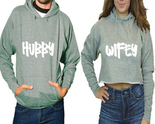 Load image into Gallery viewer, Hubby and Wifey hoodies, Matching couple hoodies, Sports Grey pullover hoodie for man Sports Grey crop top hoodie for woman