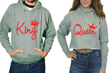 將圖片載入圖庫檢視器 King and Queen hoodies, Matching couple hoodies, Sports Grey pullover hoodie for man Sports Grey crop top hoodie for woman