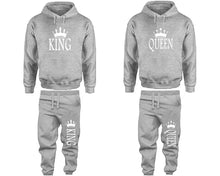 將圖片載入圖庫檢視器 King and Queen matching top and bottom set, Sports Grey pullover hoodie and sweatpants sets for mens, pullover hoodie and jogger set womens. Matching couple joggers.