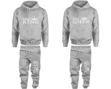 Load image into Gallery viewer, Her King and His Queen matching top and bottom set, Sports Grey pullover hoodie and sweatpants sets for mens, pullover hoodie and jogger set womens. Matching couple joggers.