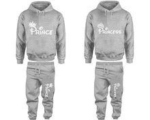 將圖片載入圖庫檢視器 Prince and Princess matching top and bottom set, Sports Grey hoodie and sweatpants sets for mens hoodie and jogger set womens. Matching couple joggers.