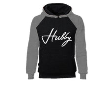Load image into Gallery viewer, Grey Black color Hubby design Hoodie for Man.
