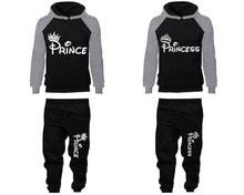將圖片載入圖庫檢視器 Prince Princess matching top and bottom set, Grey Black raglan hoodie and sweatpants sets for mens, raglan hoodie and jogger set womens. Matching couple joggers.