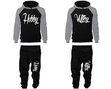 Load image into Gallery viewer, Hubby and Wifey matching top and bottom set, Grey Black raglan hoodie and sweatpants sets for mens, raglan hoodie and jogger set womens. Matching couple joggers.