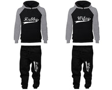 Load image into Gallery viewer, Hubby Wifey matching top and bottom set, Grey Black raglan hoodie and sweatpants sets for mens, raglan hoodie and jogger set womens. Matching couple joggers.