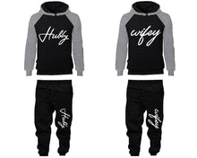 Load image into Gallery viewer, Hubby Wifey matching top and bottom set, Grey Black raglan hoodie and sweatpants sets for mens, raglan hoodie and jogger set womens. Matching couple joggers.