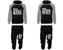 Load image into Gallery viewer, Her King and His Queen matching top and bottom set, Grey Black raglan hoodie and sweatpants sets for mens, raglan hoodie and jogger set womens. Matching couple joggers.