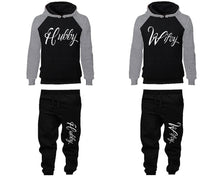 Load image into Gallery viewer, Hubby and Wifey matching top and bottom set, Grey Black raglan hoodie and sweatpants sets for mens, raglan hoodie and jogger set womens. Matching couple joggers.