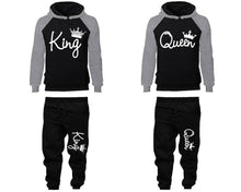 Load image into Gallery viewer, King Queen matching top and bottom set, Grey Black raglan hoodie and sweatpants sets for mens, raglan hoodie and jogger set womens. Matching couple joggers.