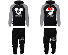 Load image into Gallery viewer, Her Jack and His Sally matching top and bottom set, Grey Black raglan hoodie and sweatpants sets for mens, raglan hoodie and jogger set womens. Matching couple joggers.