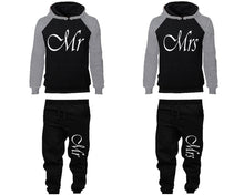 Load image into Gallery viewer, Mr and Mrs matching top and bottom set, Grey Black raglan hoodie and sweatpants sets for mens, raglan hoodie and jogger set womens. Matching couple joggers.
