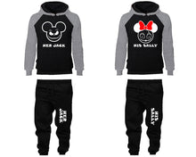 Load image into Gallery viewer, Her Jack and His Sally matching top and bottom set, Grey Black raglan hoodie and sweatpants sets for mens, raglan hoodie and jogger set womens. Matching couple joggers.