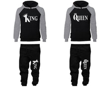 Load image into Gallery viewer, King and Queen matching top and bottom set, Grey Black raglan hoodie and sweatpants sets for mens, raglan hoodie and jogger set womens. Matching couple joggers.