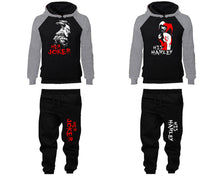 Load image into Gallery viewer, Her Joker and His Harley matching top and bottom set, Grey Black raglan hoodie and sweatpants sets for mens, raglan hoodie and jogger set womens. Matching couple joggers.