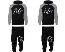 Load image into Gallery viewer, Mr and Mrs matching top and bottom set, Grey Black raglan hoodie and sweatpants sets for mens, raglan hoodie and jogger set womens. Matching couple joggers.