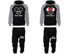 Load image into Gallery viewer, Her Jack and His Sally matching top and bottom set, Grey Black raglan hoodie and sweatpants sets for mens, raglan hoodie and jogger set womens. Matching couple joggers.