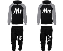 Load image into Gallery viewer, Mr and Mrs matching top and bottom set, Grey Black raglan hoodie and sweatpants sets for mens, raglan hoodie and jogger set womens. Matching couple joggers.
