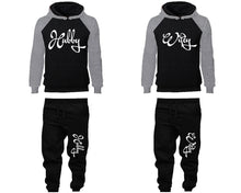 Load image into Gallery viewer, Hubby and Wifey matching top and bottom set, Grey Black raglan hoodie and sweatpants sets for mens, raglan hoodie and jogger set womens. Matching couple joggers.