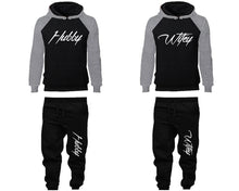 Load image into Gallery viewer, Hubby and Wifey matching top and bottom set, Grey Black raglan hoodie and sweatpants sets for mens, raglan hoodie and jogger set womens. Matching couple joggers.