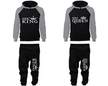 Load image into Gallery viewer, Her King and His Queen matching top and bottom set, Grey Black raglan hoodie and sweatpants sets for mens, raglan hoodie and jogger set womens. Matching couple joggers.