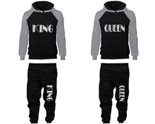 Load image into Gallery viewer, King and Queen matching top and bottom set, Grey Black raglan hoodie and sweatpants sets for mens, raglan hoodie and jogger set womens. Matching couple joggers.