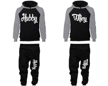 Load image into Gallery viewer, Hubby and Wifey matching top and bottom set, Grey Black raglan hoodie and sweatpants sets for mens, raglan hoodie and jogger set womens. Matching couple joggers.