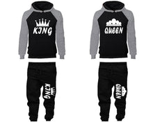 Load image into Gallery viewer, King and Queen matching top and bottom set, Grey Black raglan hoodie and sweatpants sets for mens, raglan hoodie and jogger set womens. Matching couple joggers.