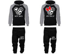 Load image into Gallery viewer, Her Jack and His Sally matching top and bottom set, Grey Black raglan hoodie and sweatpants sets for mens, raglan hoodie and jogger set womens. Matching couple joggers.