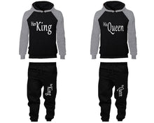 Load image into Gallery viewer, Her King and His Queen matching top and bottom set, Grey Black raglan hoodie and sweatpants sets for mens, raglan hoodie and jogger set womens. Matching couple joggers.