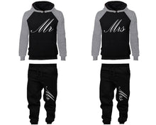 Load image into Gallery viewer, Mr and Mrs matching top and bottom set, Grey Black raglan hoodie and sweatpants sets for mens, raglan hoodie and jogger set womens. Matching couple joggers.