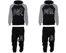 Load image into Gallery viewer, Mr Mrs matching top and bottom set, Grey Black raglan hoodie and sweatpants sets for mens, raglan hoodie and jogger set womens. Matching couple joggers.
