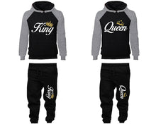 Load image into Gallery viewer, King and Queen matching top and bottom set, Grey Black raglan hoodie and sweatpants sets for mens, raglan hoodie and jogger set womens. Matching couple joggers.