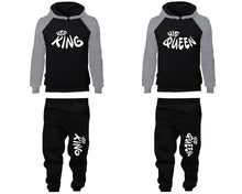 Load image into Gallery viewer, Her King and His Queen matching top and bottom set, Grey Black raglan hoodie and sweatpants sets for mens, raglan hoodie and jogger set womens. Matching couple joggers.
