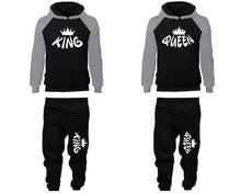 Load image into Gallery viewer, King and Queen matching top and bottom set, Grey Black raglan hoodie and sweatpants sets for mens, raglan hoodie and jogger set womens. Matching couple joggers.