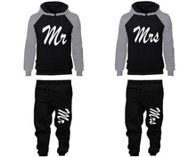 Load image into Gallery viewer, Mr and Mrs matching top and bottom set, Grey Black raglan hoodie and sweatpants sets for mens, raglan hoodie and jogger set womens. Matching couple joggers.