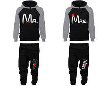 Load image into Gallery viewer, Mr Mrs matching top and bottom set, Grey Black raglan hoodie and sweatpants sets for mens, raglan hoodie and jogger set womens. Matching couple joggers.