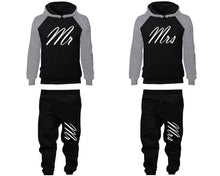 Load image into Gallery viewer, Mr and Mrs matching top and bottom set, Grey Black raglan hoodie and sweatpants sets for mens, raglan hoodie and jogger set womens. Matching couple joggers.