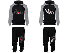 將圖片載入圖庫檢視器 Soul Mate matching top and bottom set, Grey Black raglan hoodie and sweatpants sets for mens, raglan hoodie and jogger set womens. Matching couple joggers.
