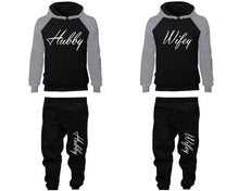 Load image into Gallery viewer, Hubby and Wifey matching top and bottom set, Grey Black raglan hoodie and sweatpants sets for mens, raglan hoodie and jogger set womens. Matching couple joggers.