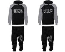 Load image into Gallery viewer, King and Queen matching top and bottom set, Grey Black raglan hoodie and sweatpants sets for mens, raglan hoodie and jogger set womens. Matching couple joggers.