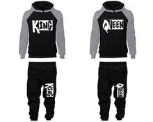 Load image into Gallery viewer, King and Queen matching top and bottom set, Grey Black raglan hoodie and sweatpants sets for mens, raglan hoodie and jogger set womens. Matching couple joggers.