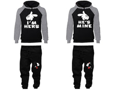 Load image into Gallery viewer, I'm Hers He's Mine matching top and bottom set, Grey Black raglan hoodie and sweatpants sets for mens, raglan hoodie and jogger set womens. Matching couple joggers.