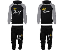 Load image into Gallery viewer, King and Queen matching top and bottom set, Grey Black raglan hoodie and sweatpants sets for mens, raglan hoodie and jogger set womens. Matching couple joggers.