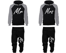 Load image into Gallery viewer, Mr and Mrs matching top and bottom set, Grey Black raglan hoodie and sweatpants sets for mens, raglan hoodie and jogger set womens. Matching couple joggers.