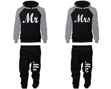 Load image into Gallery viewer, Mr and Mrs matching top and bottom set, Grey Black raglan hoodie and sweatpants sets for mens, raglan hoodie and jogger set womens. Matching couple joggers.