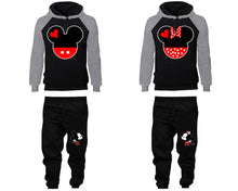 Load image into Gallery viewer, Mickey Minnie matching top and bottom set, Grey Black raglan hoodie and sweatpants sets for mens, raglan hoodie and jogger set womens. Matching couple joggers.