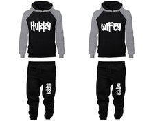 Load image into Gallery viewer, Hubby and Wifey matching top and bottom set, Grey Black raglan hoodie and sweatpants sets for mens, raglan hoodie and jogger set womens. Matching couple joggers.
